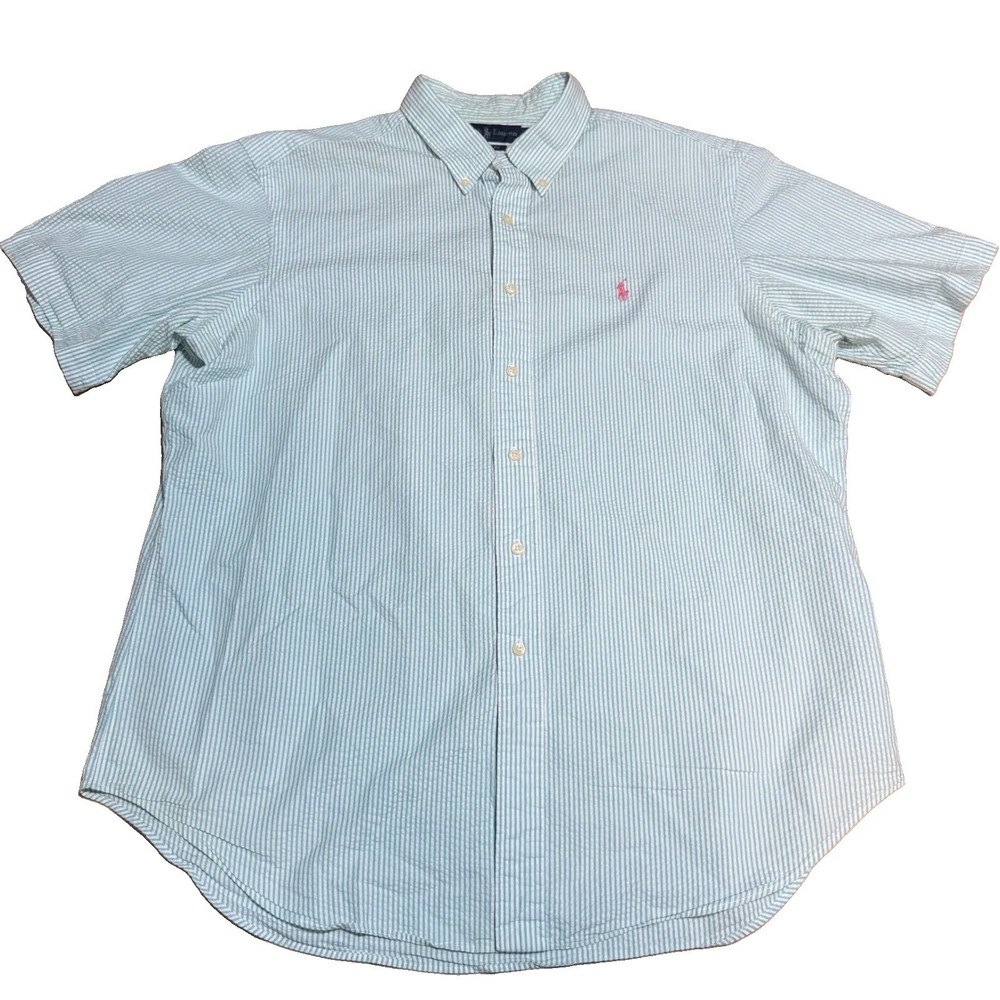 Polo Ralph Lauren Seersucker Shirt Mens XL Blue White Stripe Short Sleeve Pony